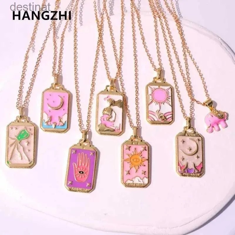 Pendant Necklaces Pink Dripping Oil Punk Tarot Sun God Star Moon Hand Flame Elephant Girl Enamel Square Necklace for Women Gifts HangZhi2022 NewL242313