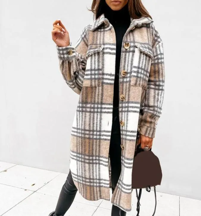 Designer Dameswollen Jassen Plaid Midi Lange Jas Mode Herfst Winter Mouw Losse Zak Dames Casual Elegant Uitloper8141873