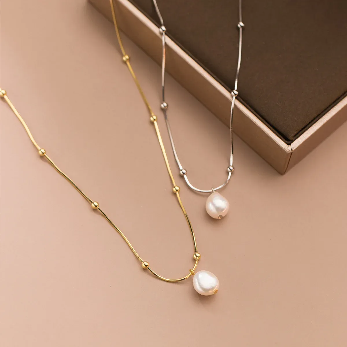 S925 Sterling Silver Fashion Simple Snake Bone Chain Natural Baroque Pearl Necklace for Women Elegant Clavicle Jewelry