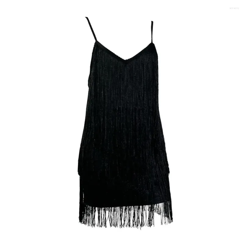 Casual Dresses Tassel Latin Dance Dress V-ringen Kort elegant med Shiny Fringe Spaghetti för Women Club