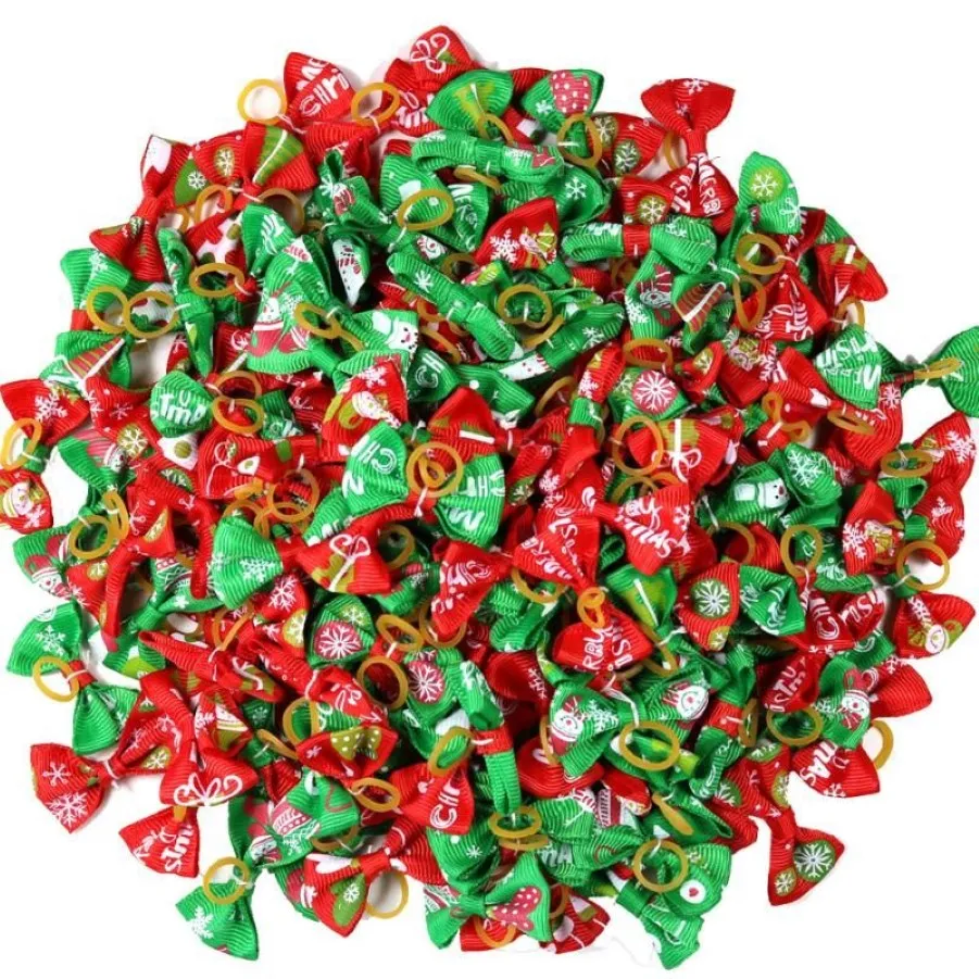 Hundekleidung 50pcs Weihnachtshaarbögen mit Gummibändern Clips Accessoires Pflege Haustierbedarf250R