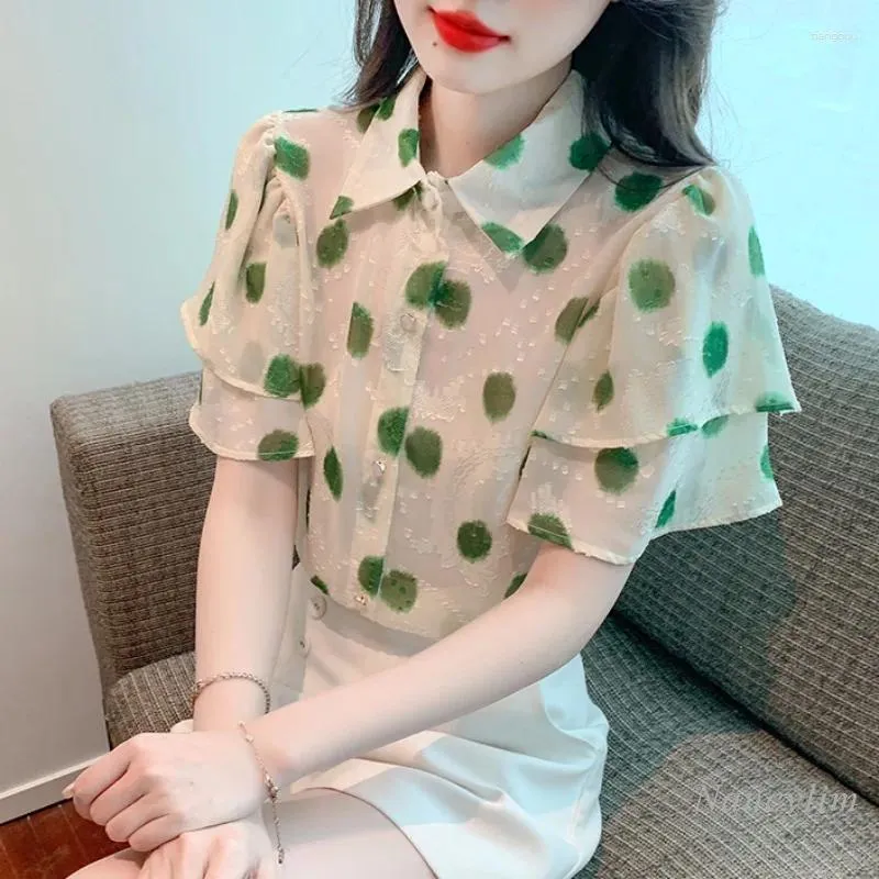 Kvinnors blusar Fashion Green Dot Print Kortärmad Chiffon Shirt Summer Top 2024 Design Sense Sweet Printed Tops