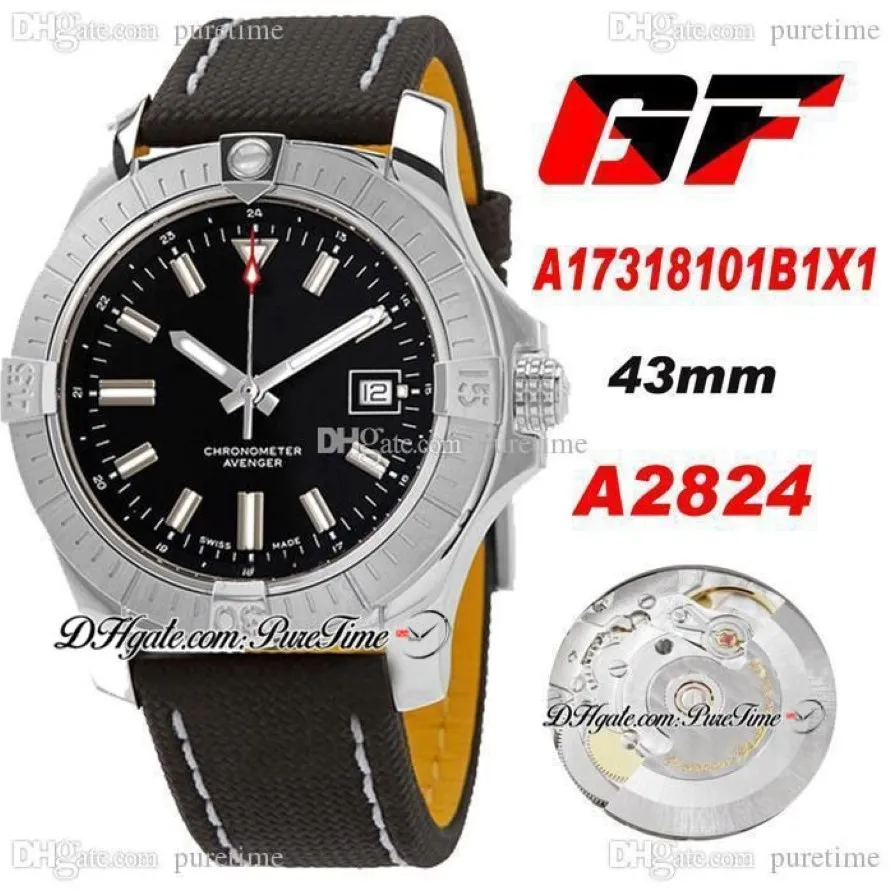 GF A17318101B1X1 A2824 Automatic Mens Watch 43mm Black Dial Stick Markers Leather Nylon With White line Super Edition ETA Watches 2481