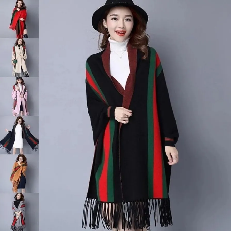 Shawl Winter Fashion Warm Striped Ponchos And Capes For Women Oversized Shawls And Wraps Cardigan Pashmina Female Bufanda Mujer Y2307y