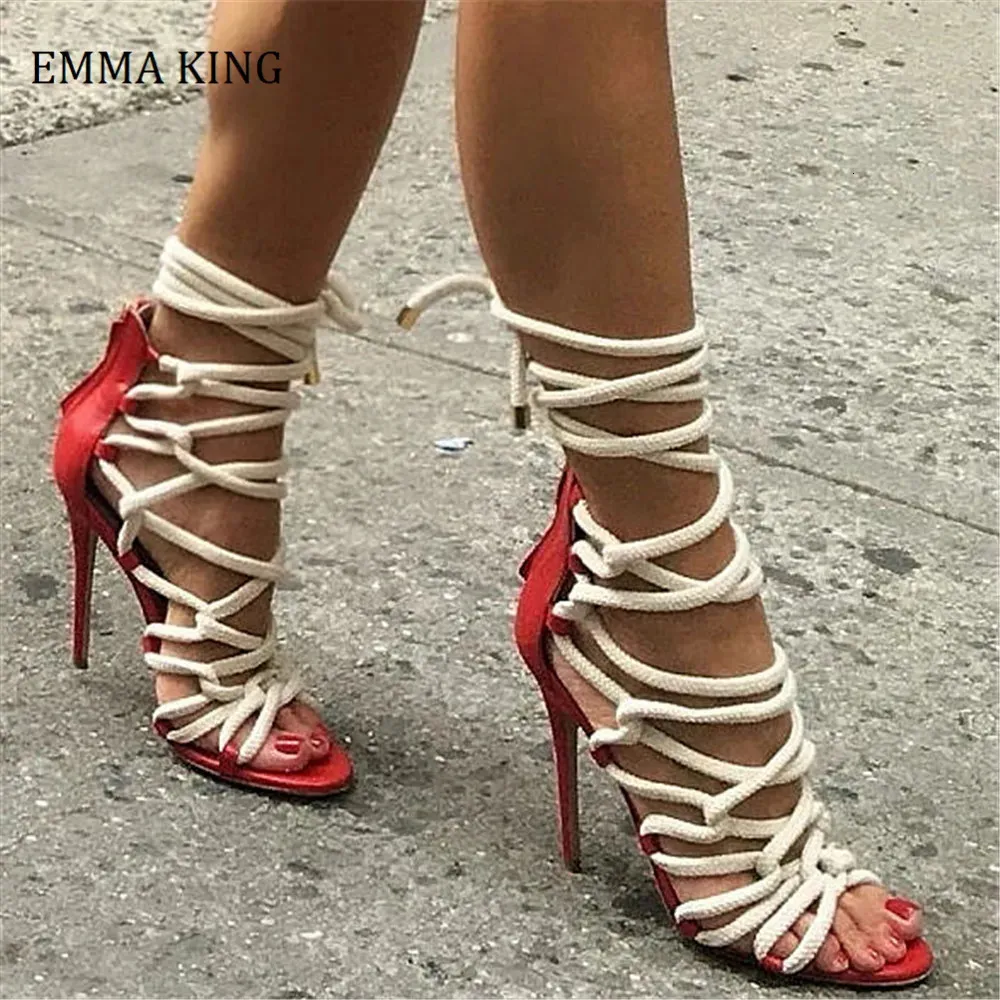 Kvinnors sommar Gladiator Sandaler Lace Up Women Ankle Boots Sexig High Heel Cut Out Flätad bandig Gladiator Stilettos 240227