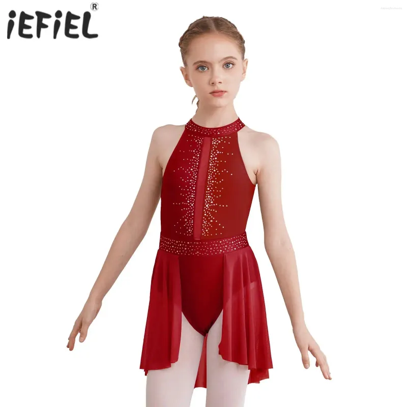 Stage Wear Enfants Filles Brillant Strass Patinage Artistique Ballet Lyrical Dance Performance Costume Mock Cou Découpe Dos Tutu Justaucorps Robe