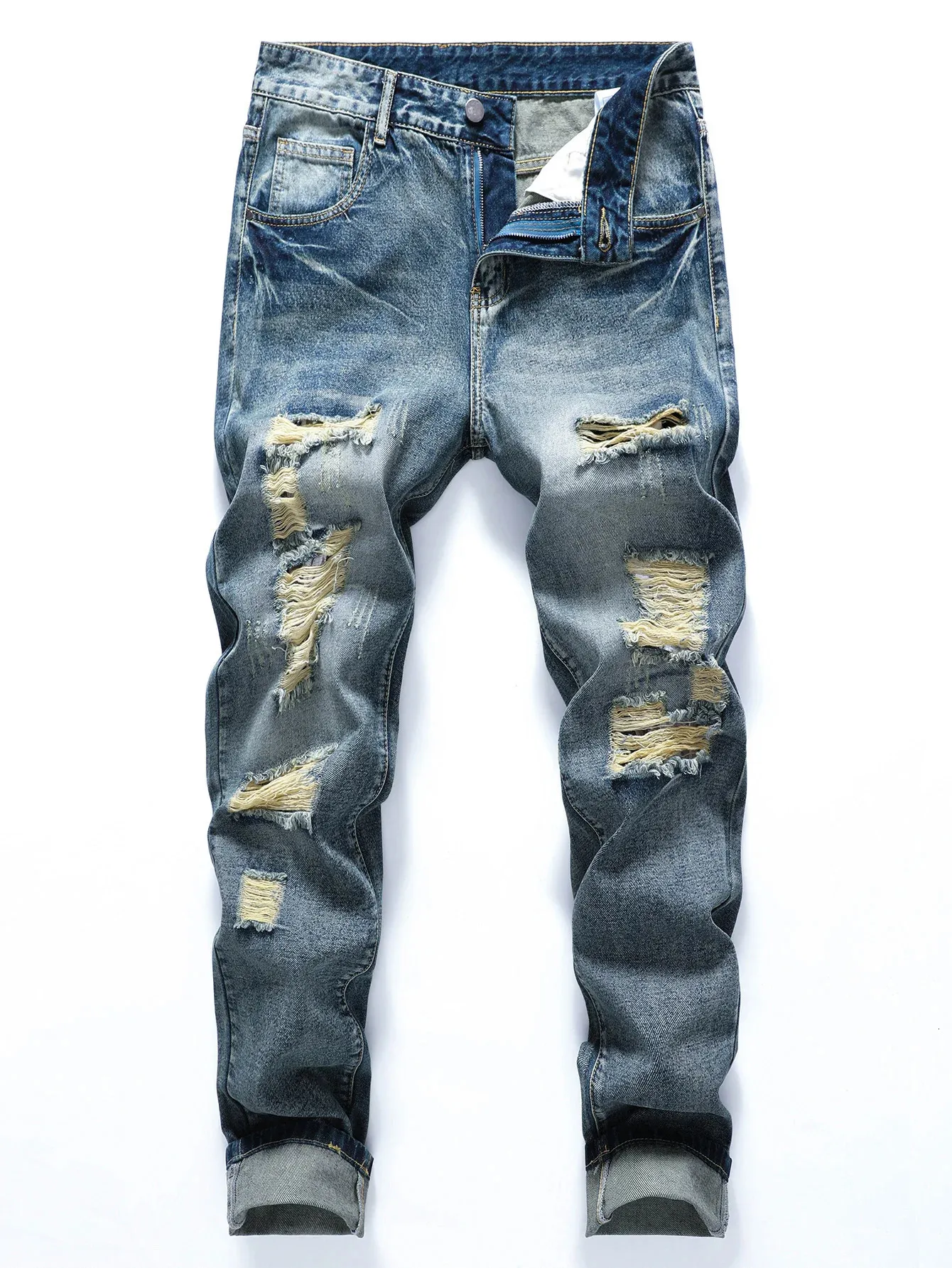 Heren Ripped Frayed Bleach Wash Jeans Zie er stijlvol uit en voel je comfortabel!240305