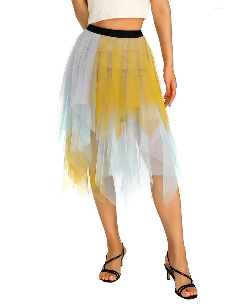 Skirts Kimydreama Women Irregular Sheer Contrast Solid Color Elastic High Waist Ruffles Multi-Layered Tulle Tutu Skirt