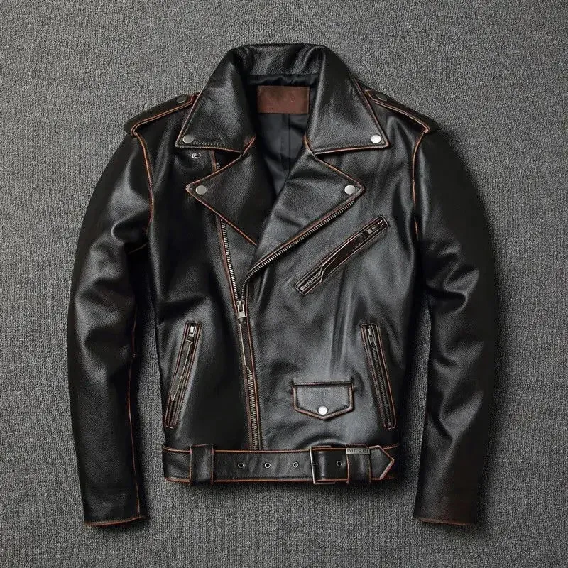 Veste en cuir véritable pour hommes, haute qualité, rétro, fermeture éclair Oblique, bombardier décontracté, moto, vieux marron, 240309