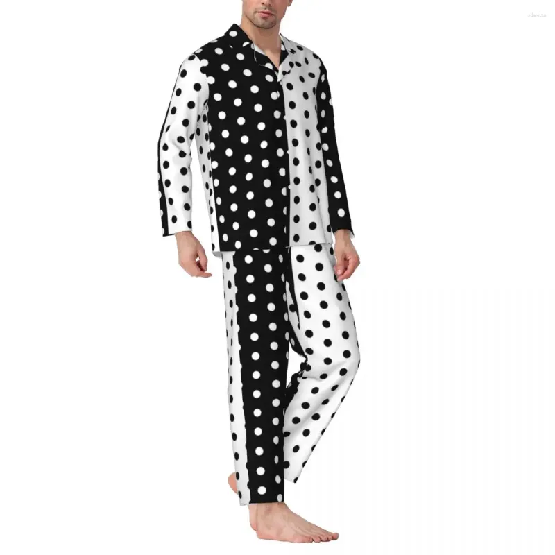 Men's Sleepwear Pajamas Men Retro Two Tone Sleep Black And White Spotted 2 Piece Casual Pajama Sets Long-Sleeve Oversize Home Suit