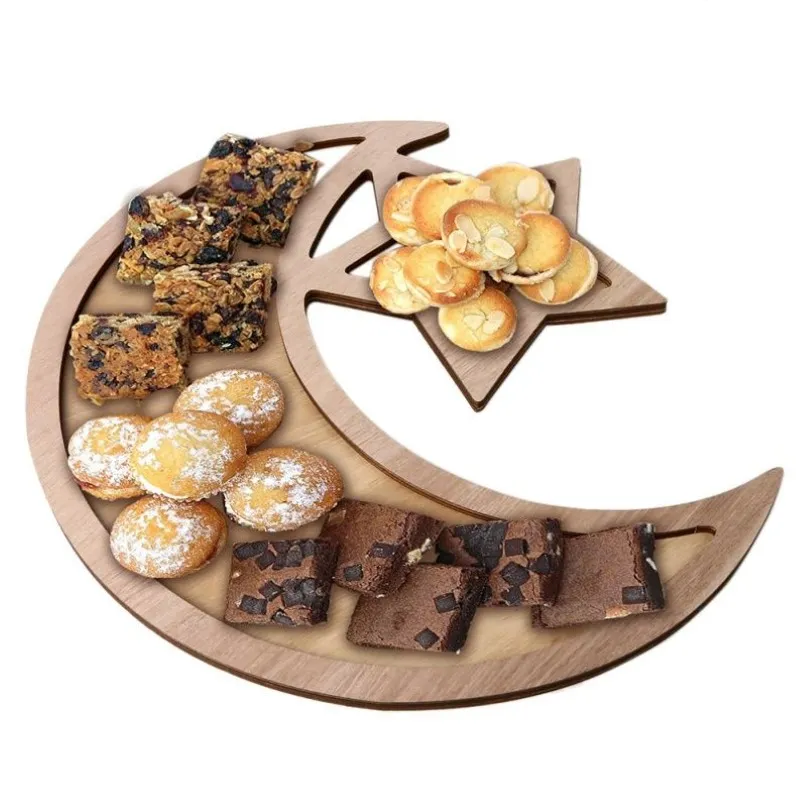 Eid Mubarak Hohl Dessert Tablett Muslim Islam Ramadan Dekorationen Mubarak DIY Holz Keks Dessert Tablett Party Supplies172R