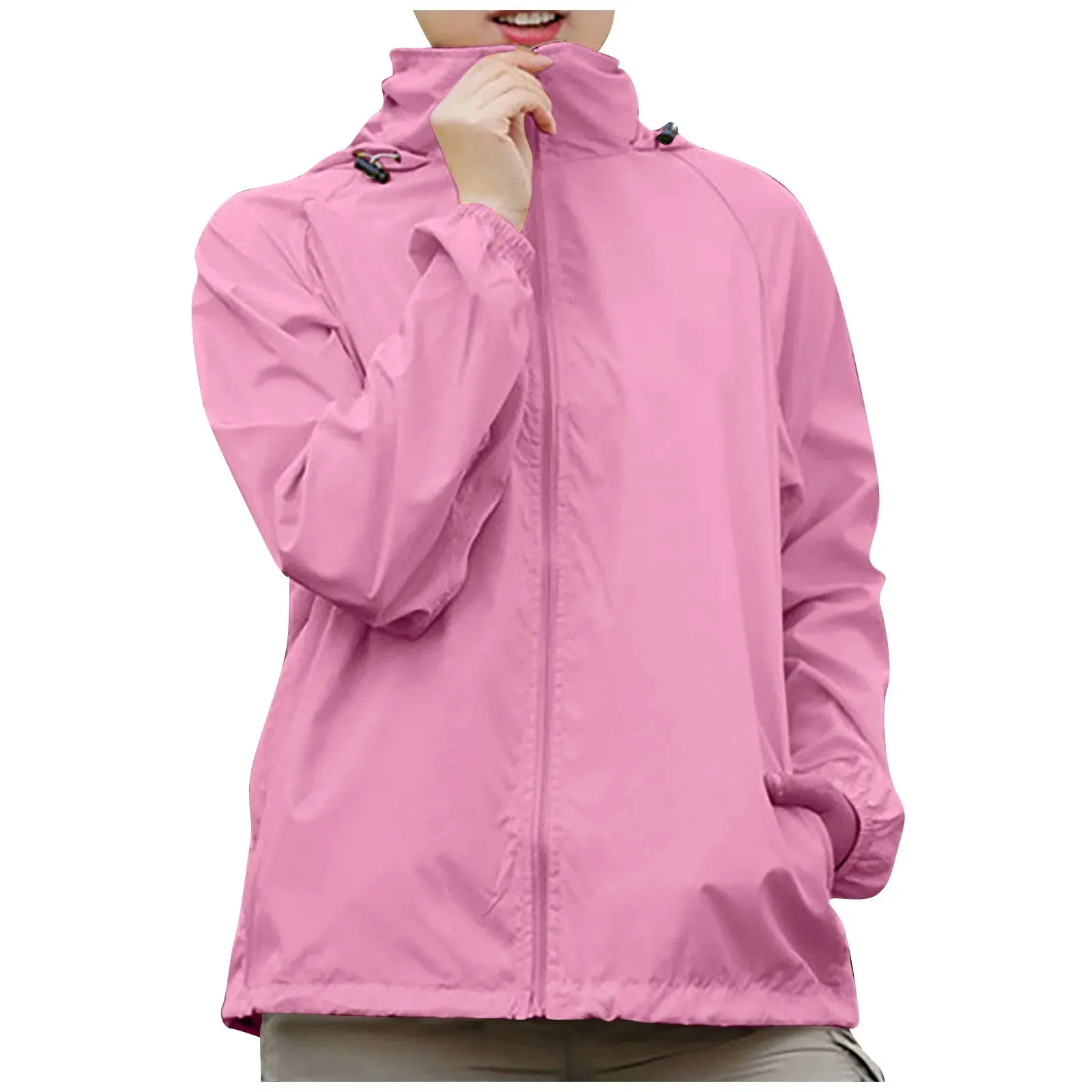 Female Clothing WomenS Solid Colored Hooded Long Sleeved Jacket Wind Breaker Sun Protection Outdoor Sports 240305