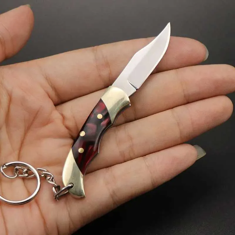 Camping Hunting Knives Miniature Folding mässing Akrylkniv med handtag Portable Keychain Camping EDC Självförsvar hängande utomhusavloppsskärare 240315