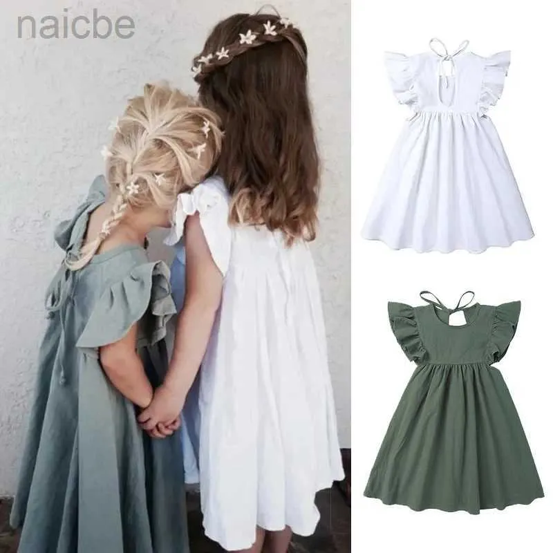 Girl's Dresses 0-6Y Toddler Kids Baby Dress Ruffles Sleeve Princess Dress Solid Cotton Linen Casual Dress for Party Flower Clothes ldd240313