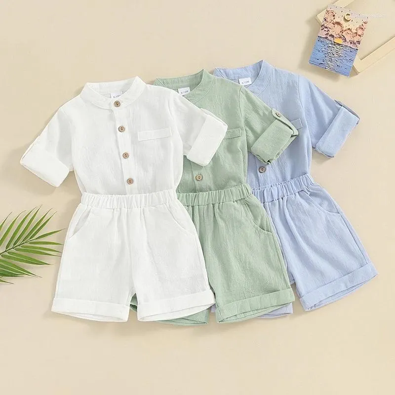 Set di abbigliamento Set di vestiti estivi per neonati e bambini nati in cotone solido e lino, camicie con bottoni, pantaloncini, completi per bambini, costumi da bagno