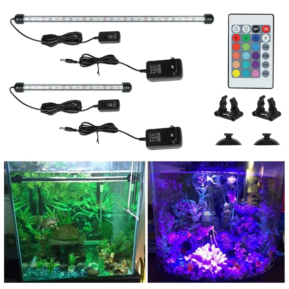 Lysningar 5050 RGB LED Aquarium Submersible Lamp Fish Tank Light Bar 28cm 48 cm vattentäta 16 slags färger fjärrkontroll EU -plugg