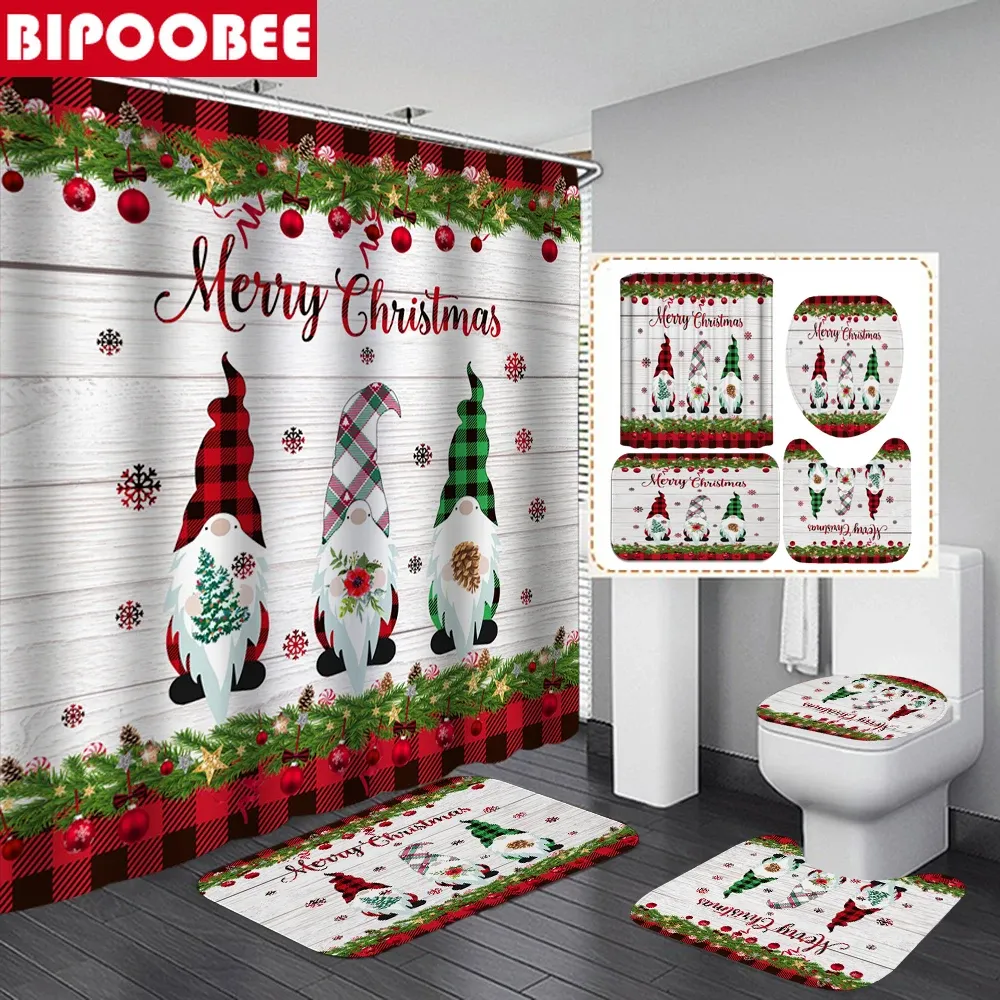 Tende Babbo Natale Nano Stampa Tende da doccia Buon Natale Set da bagno Festival Decor Copriwater Tappeti antiscivolo Tappetini da bagno