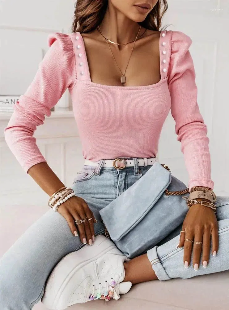 Women's T Shirts Elegant Puff Sleeve Office Lady Tops Tshirts 2024 Spring Casual Square Collar Women T-shirt Slim Tee Pink Sky Blue Top