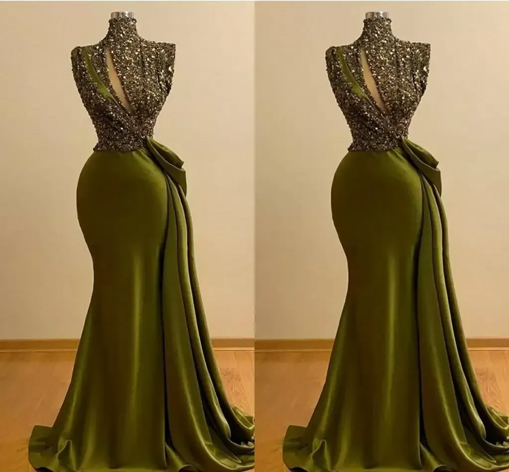 Olive Green Evening Dresses African Plus Size Mermaid Sparkly Sequins High Neck Sweep Train Satin Prom Party Gown Formal Occasion Wear vestidos Desinger