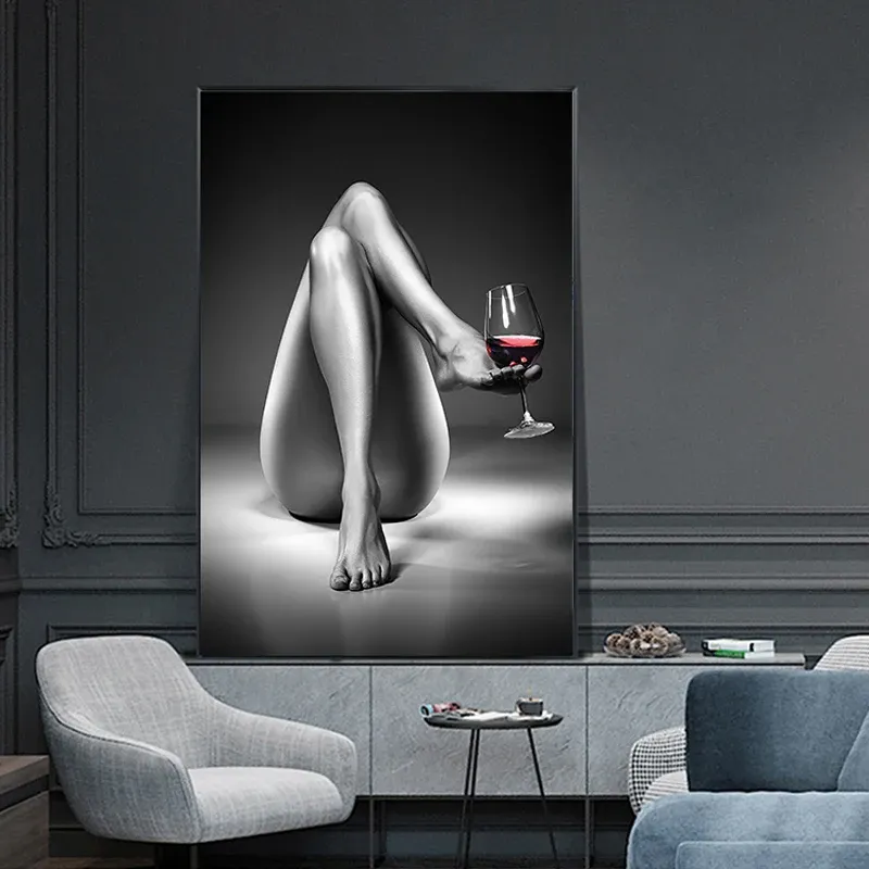 書道キャンバスプリントヌードウーマンワイングラスペインティングブラックホワイトセクシーガールポスターウォールアートリビングルームの家の装飾のためのモダンな写真