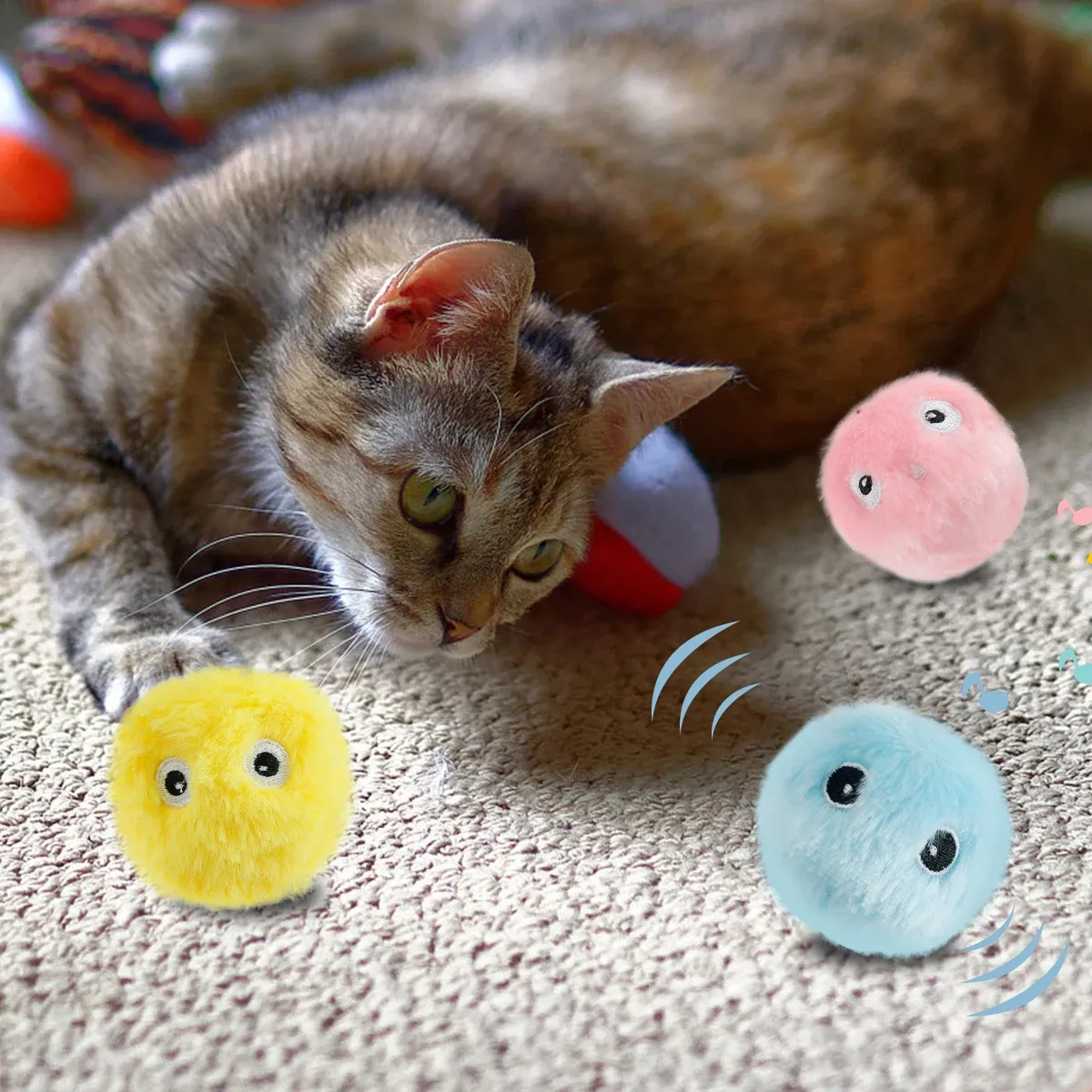 Giocattoli 3pcs giocattoli per gatti intelligenti con 3 suoni di cinguettio animale a sfera interattiva peluche da allenamento elettrico giocattolo tocco di gattino suonando giocattolo cigolio