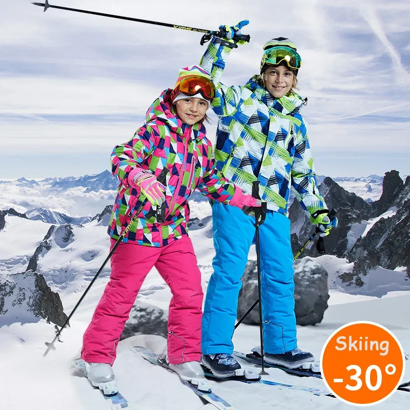 Garnitury 30 stopni garnitur dla dzieci Zestaw chłopców Girs dla dzieci zimowa kurtka snowboardowa garnitur noszenia wodoodpornego garnituru narciarski