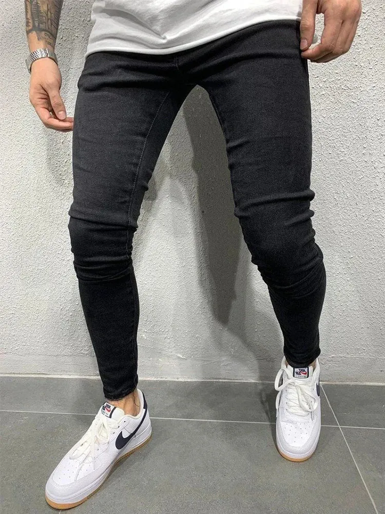 Retro Katı Streç Yırtılmış Skinny Jeans Erkekler Temel Bikter İnce Fit Elastik Y2K Denim Kargo Pantolon Günlük Pantalonlar Hombre Joggers 240305