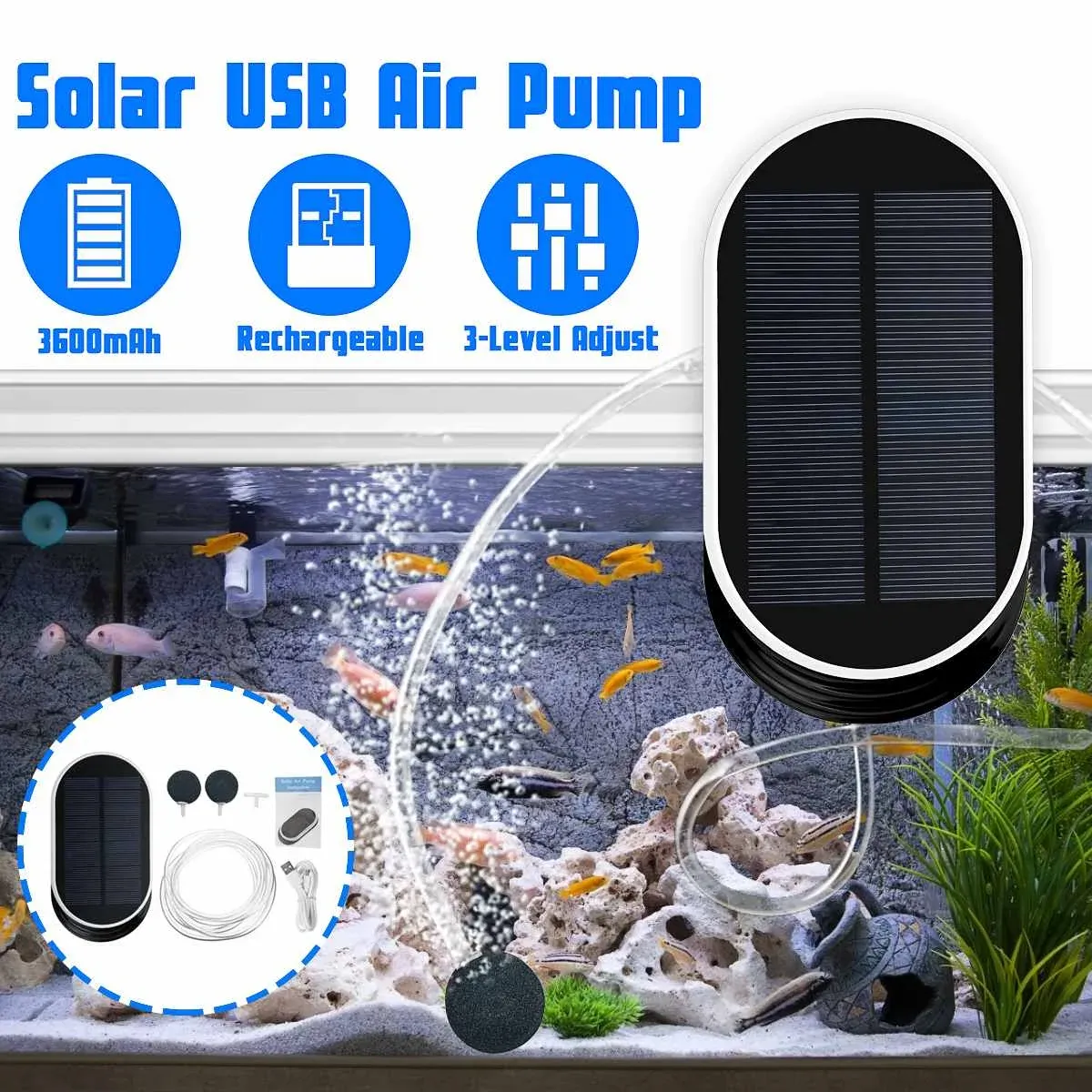 Zubehör Solar-Sauerstoffgenerator, Luftpumpe, USB-Aufladung, Aquarium-Teich-Set, faltbarer tragbarer Outdoor-Angel-Inflator mit Luftstein neu