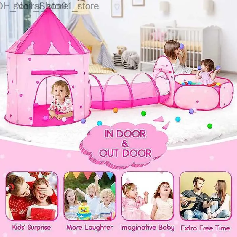 Tendas de brinquedo Tendas de brinquedo 3 em 1 Childen Pink Tunnel Spaceship Tent Play House Toy Dobrável Baby Crling Portátil Ocean Pool Little House Pretend Toy Q231220 L240313