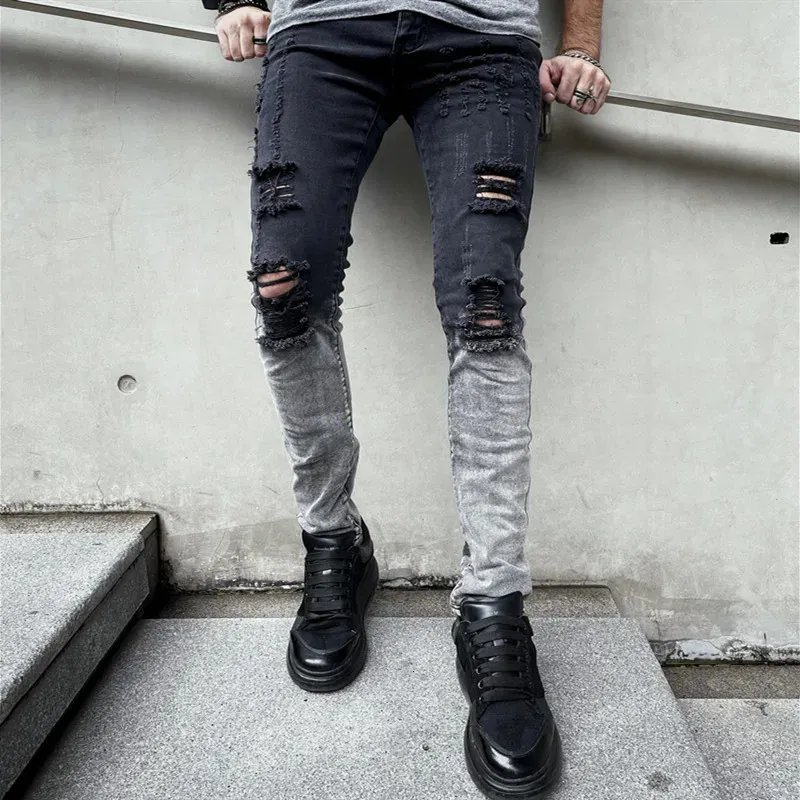 Men élégant gradient déchiré jeans crayon skinny pantalon mâle trous stretch pantalon de jean décontracté 240305