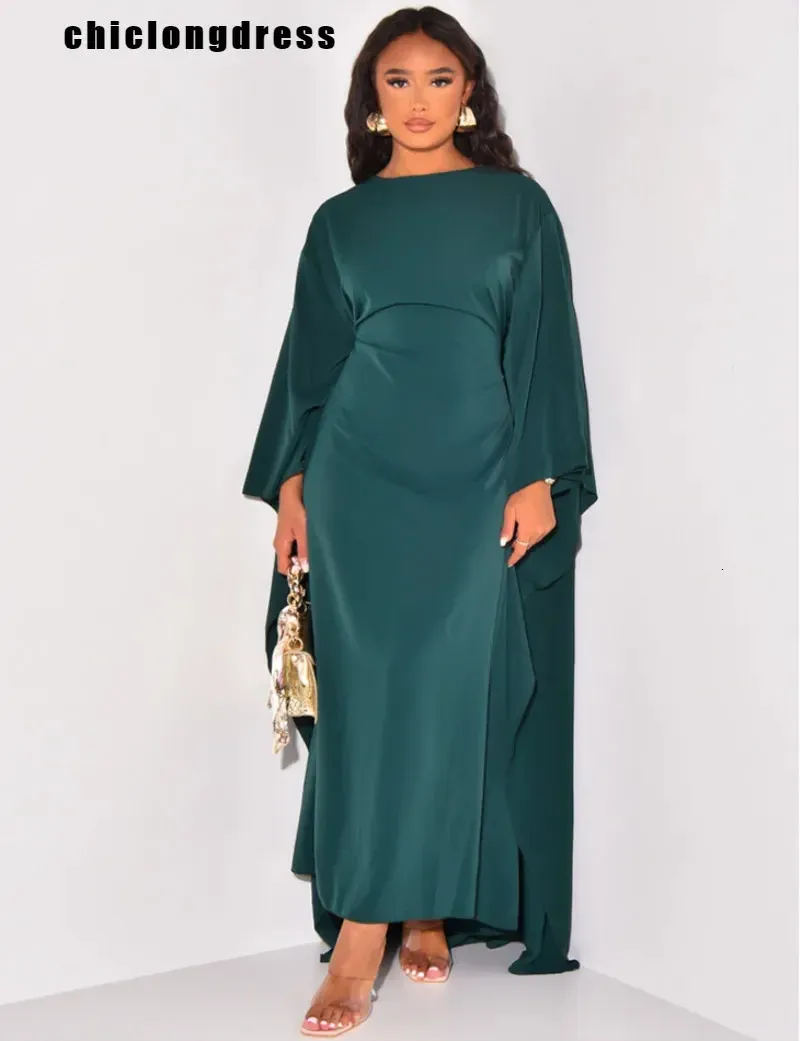 Autumn Fashion Satin Party Dress Robe Abaya Muslim Women Elegant Solid Round Neck Bat Sleeves Loose Maxi Dress Women 240311