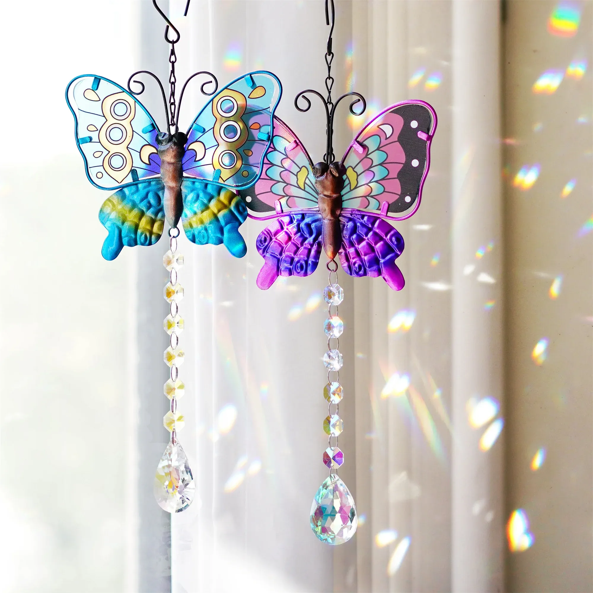 Suncatchers H&D 14" Metal Butterfly Suncatchers for Windows Outdoor Fence Wall Art Decor, Rainbow Prisms Sun Catchers for Home Garden Decor