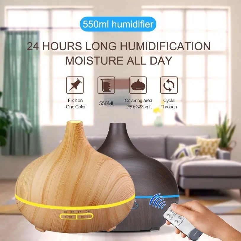 Nouveau bois foncé clair 550ml humidificateur d'air télécommande diffuseur d'huile essentielle Cool arôme brumisateur 7 LED changement de couleur 259U