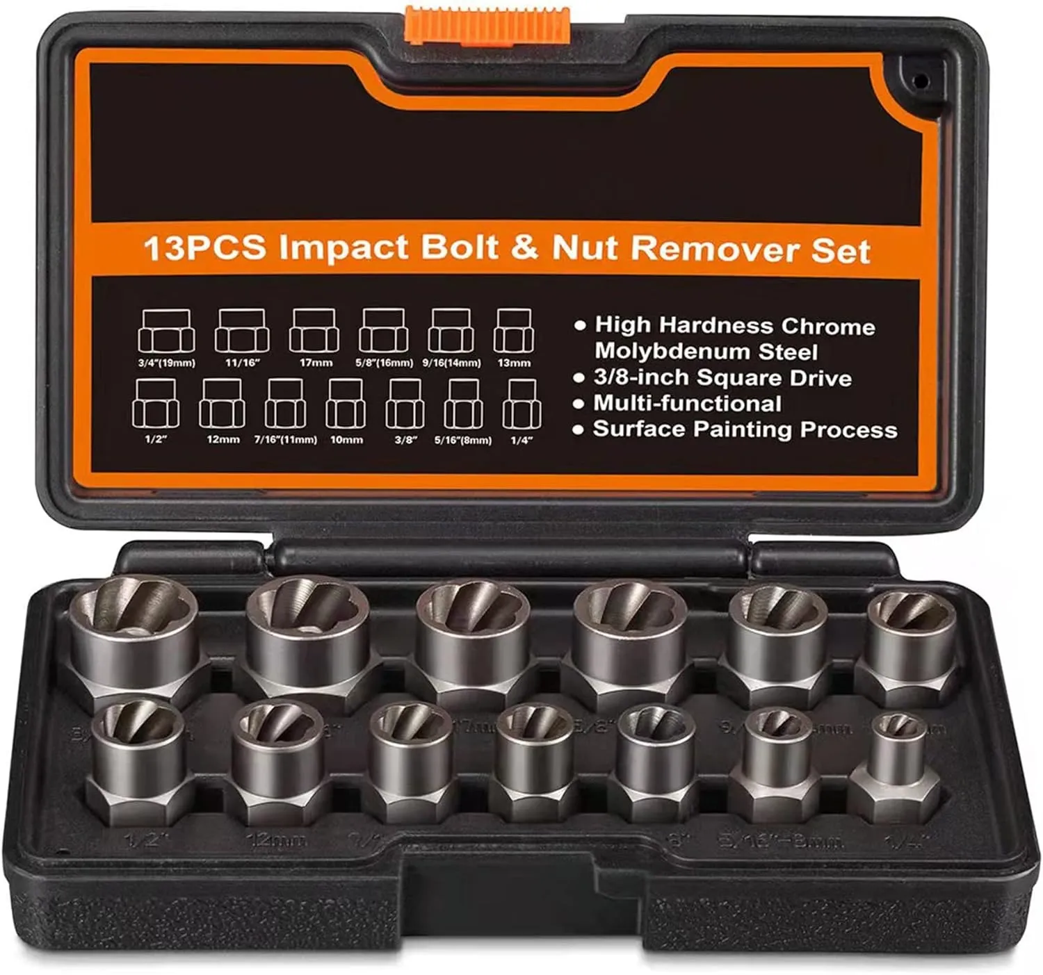 Impact Bolt Nut Remover Set, 13 Pieces Bolt Extractor Tool Set med fast lagringshölje