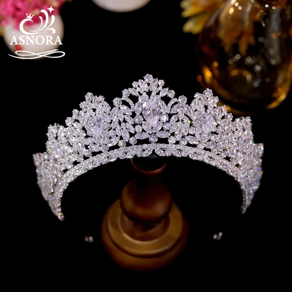 Asnora Bridal Tiara Large Crystal Cubic Zirconia Crown Silver Color Diadem Wedding Hair Accessories Headpieces Head Jewelry 240305