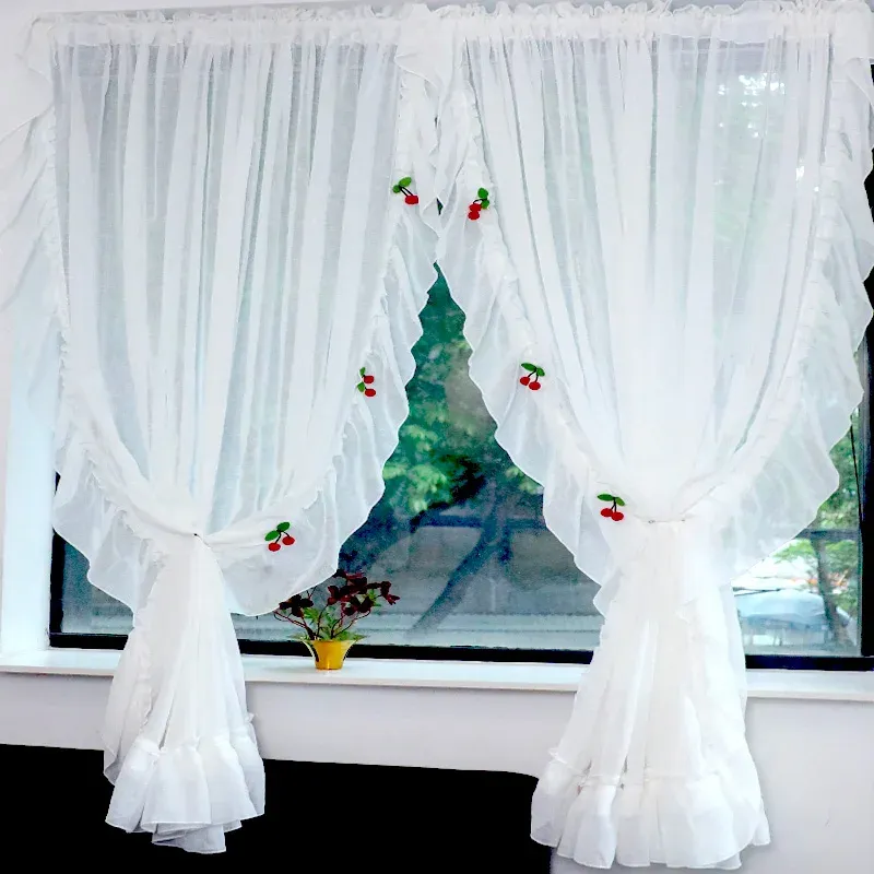 Curtains 2PCS White Faux Linen Sheer Short Curtains for Kitchen Cafe Vintage Ruffled Lace Shabby Red Cherry Half Window Treatment Drapes