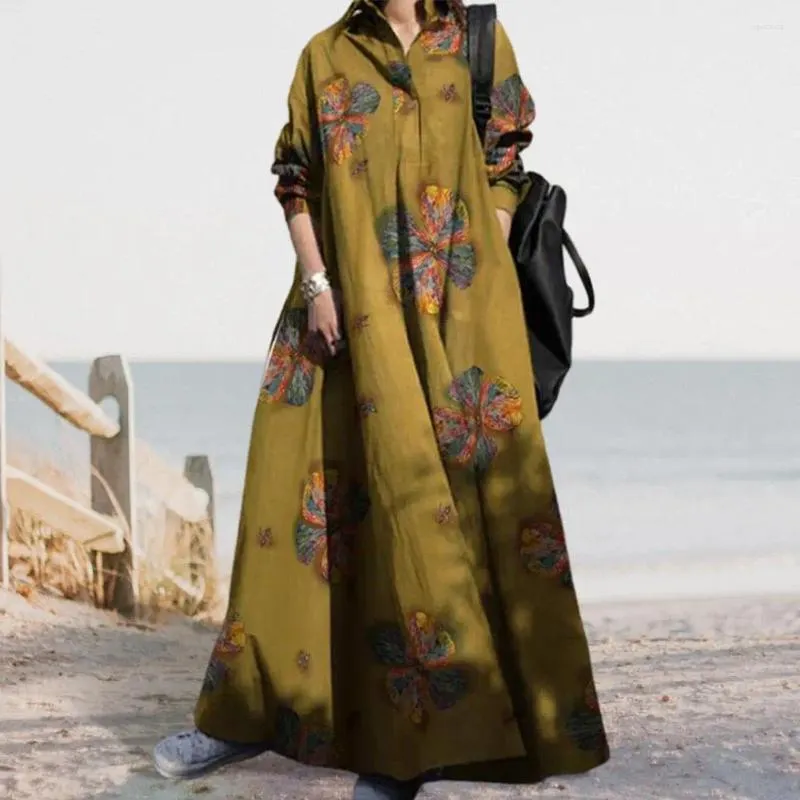 Casual Dresses Women Maxi Dress Retro Ethnic Style A-Line Loose Floral Print Turn-Down Collar Long Sleeve Plus Size Ankellängd Big Swing