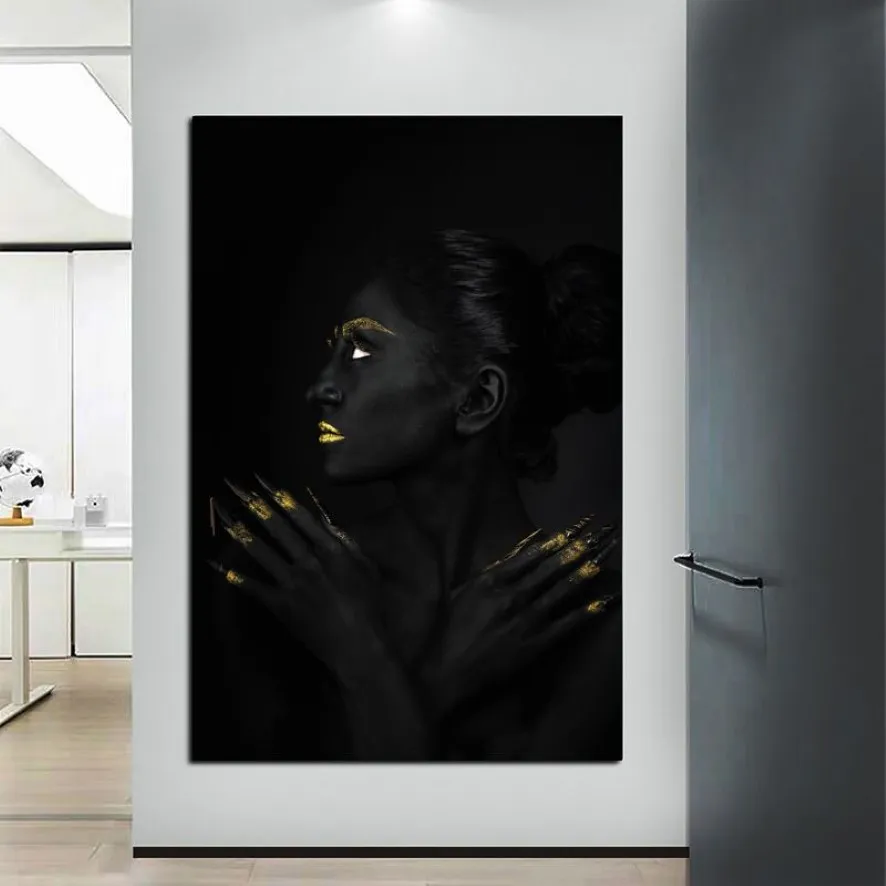 Siyah altın kadın poster tuval resimleri duvar sanat resimleri oturma odası için modern ev dekorasyon posterleri ve baskıları kare2996