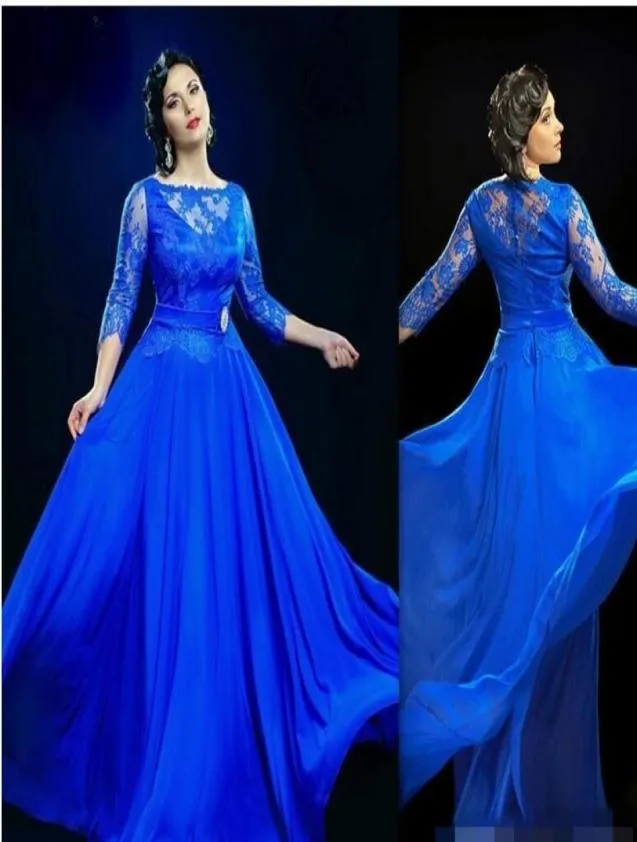 Entwerfen Sie formelle, transparente Abendkleider in Königsblau mit 34-Ärmeln, langen Ballkleidern in Großbritannien, Ballkleid in Übergröße für dicke Frauen9156082