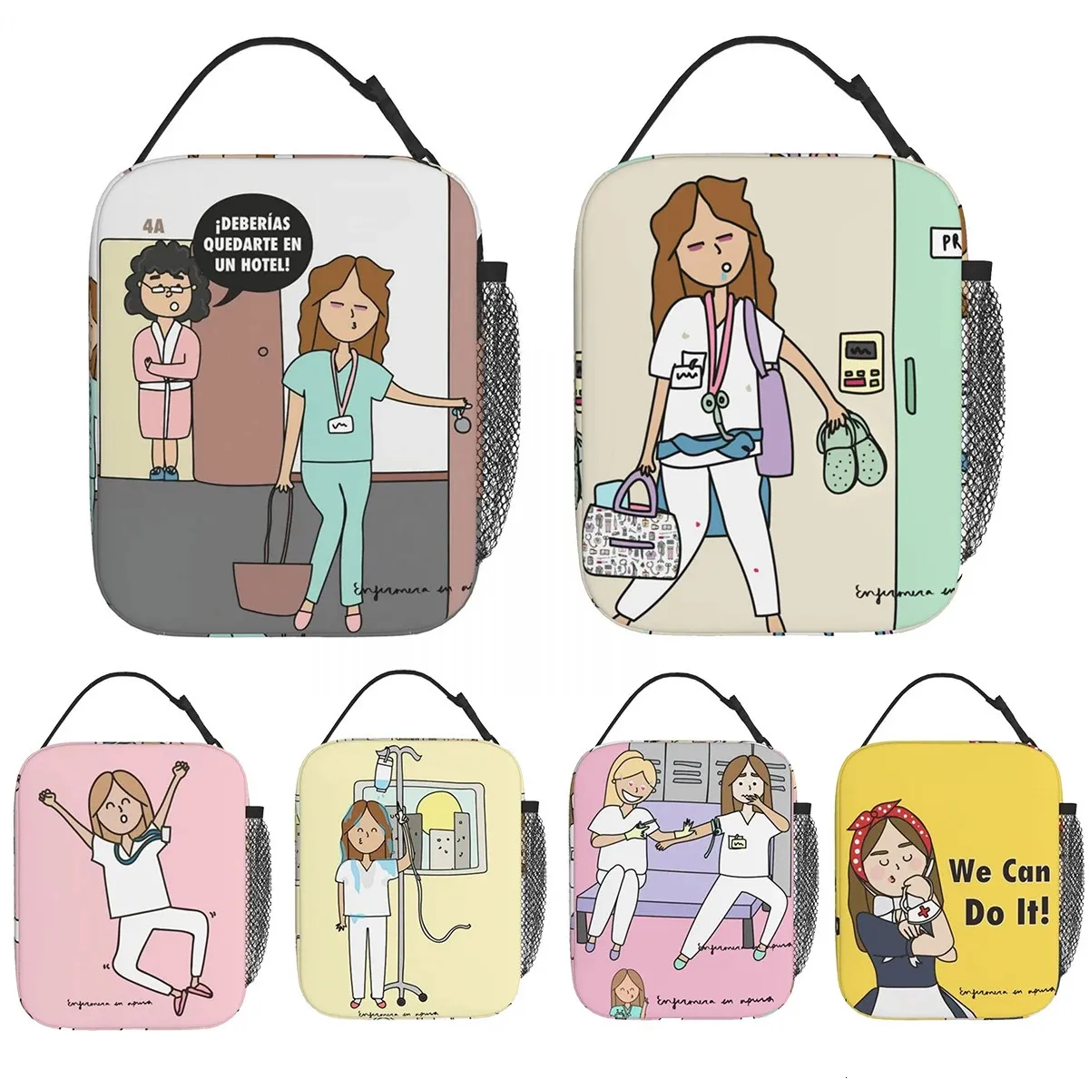 Divertida enfermera de dibujos animados enfermera en apuros bolsa de almuerzo aislada para doctor enfermeras caja de comida contenedor refrigerador térmico 240313