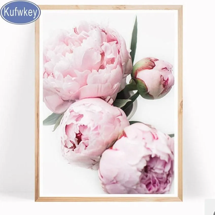 KUFWKEY Diamond Paint Square Round picture peonies Diamond Painting Mosaic Rhinestone Embroidery pink flowers wall decor298x