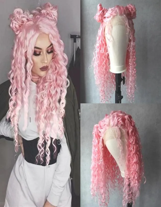 Pink Color Kinky Curly Wig Part Synthetic Lace Front Wigs Heat Resistant Fiber Hair For Africa America Black Women8352502