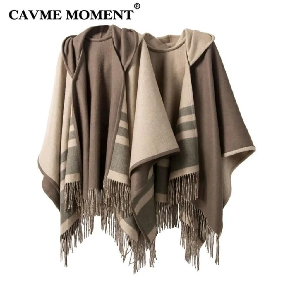 Écharpes CAVME Poncho de laine à capuche avec des glands pour femmes dames châles en couleur café beige hiver chaud 100% laine rayée enveloppes 330g