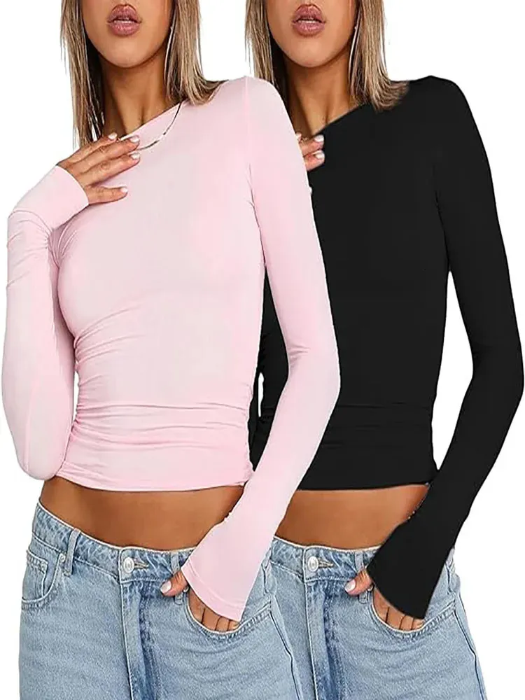 Розовая футболка с длинным рукавом, женская весна 2024, милые белые футболки, укороченный топ, женская летняя корейская повседневная сексуальная базовая футболка с круглым вырезом Y2K 240313