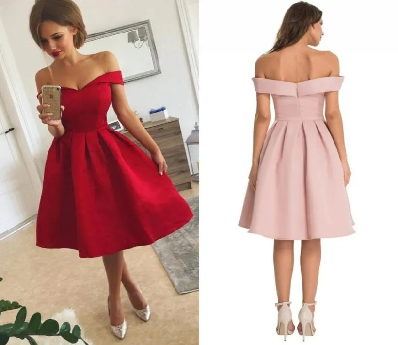 Simple Red Satin Short Prom Dresses With Ruffles Off Shoulder Knee Length Short Party Dresses Custom Made Cheap Short Evening Dres1831663