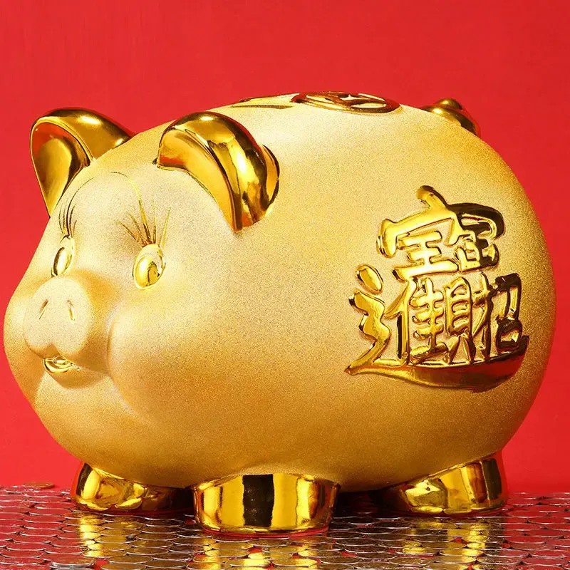 Lådor Creative Golden Pig Ceramic Piggy Bank 2023 New Kids Coin Bank Cute Cartoon Piggy Bank Gift Craft Money Box Savings Home Decor