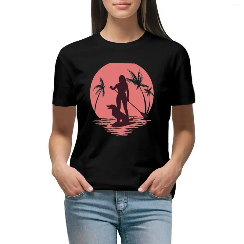 Polos pour femmes Palmier Coucher de soleil Stand Up Paddle Chien et fille T-shirt Chemise à imprimé animal pour filles Graphiques Vêtements de printemps surdimensionnés Femmes