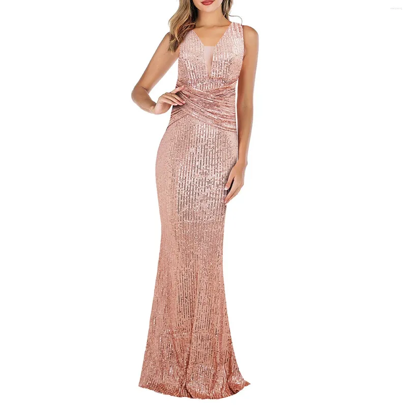 Robes décontractées Élégant col en V Robe de soirée à paillettes 2024 Robe de mariée de fête sans manches Taille haute Club de luxe Anniversaire