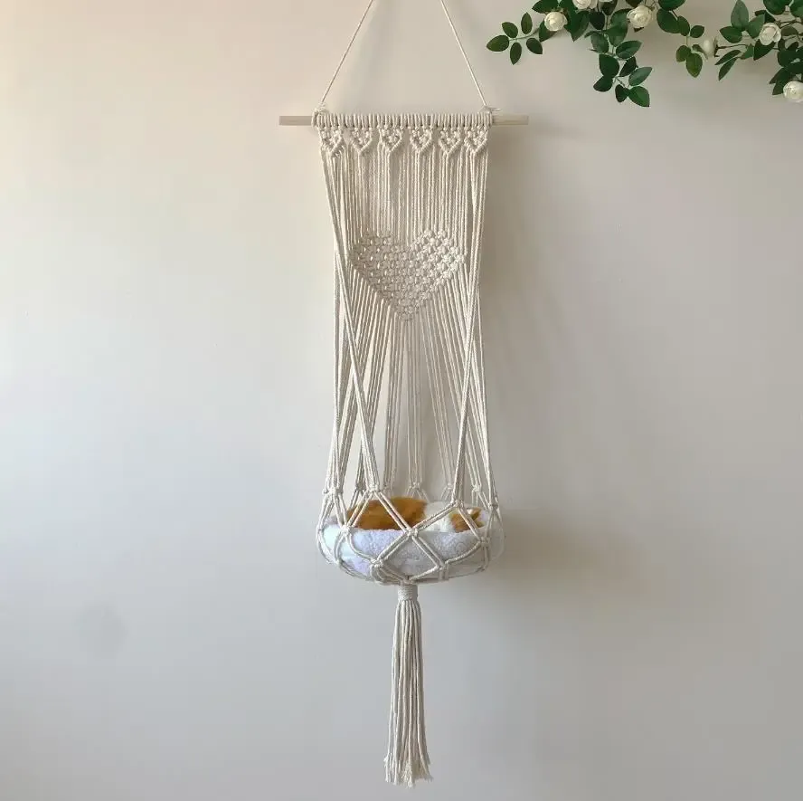 Tappetini Appesi Letto per Gatti Amaca Macrame Letto Altalena per Animali Domestici Corda di Cotone Fatta a Mano Gattino Casa Nappa Cestino Arazzo Boho Parete Celling Decor