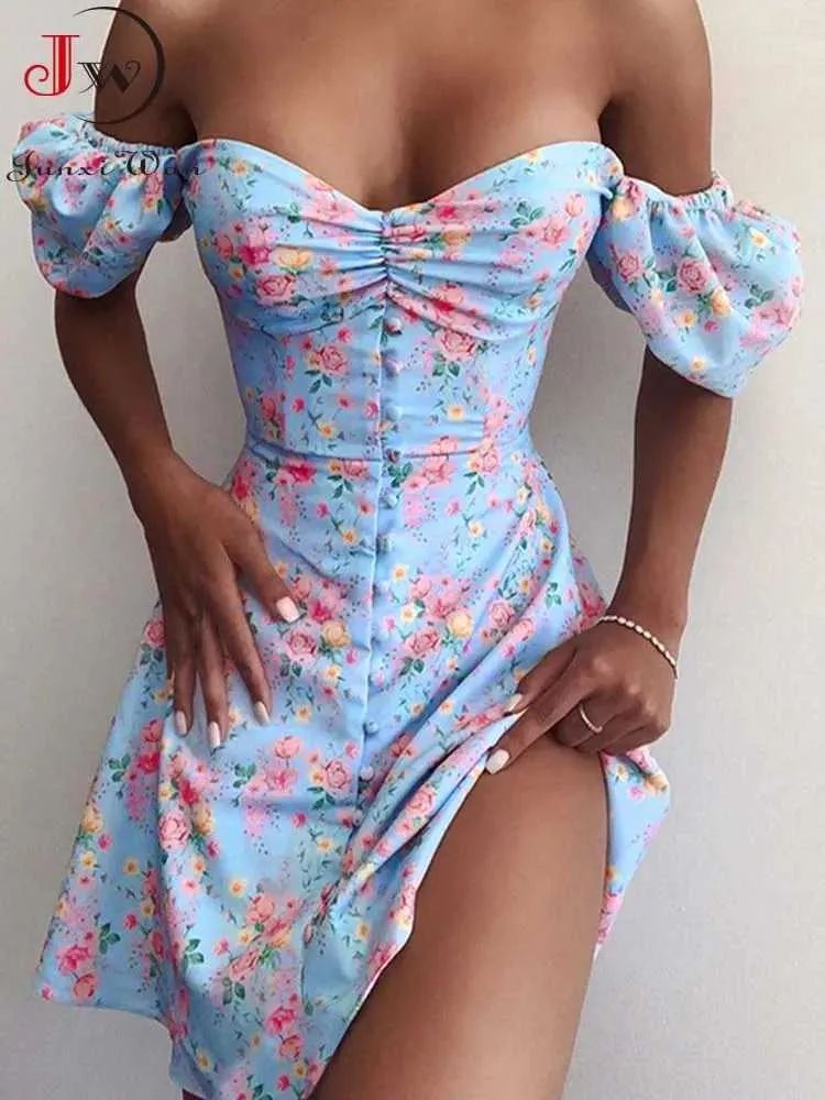 Damskie spodenki bez ramiączek Sukienka letnia seksowna V Neck Floral Print Boho Beach sukienka podzielona z ramienia Mini Sundress Robe S ~ 3xll24313